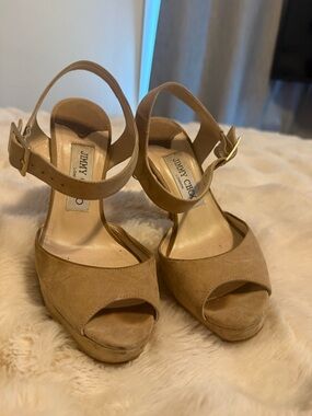 Jimmy Choo Tan Suede Platform Peep-Toe Sandals